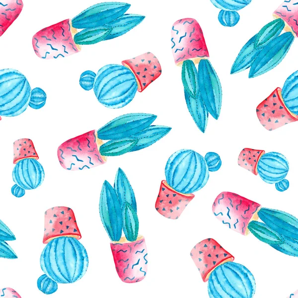 植木鉢のサボテンの水彩のパターン — ストック写真
