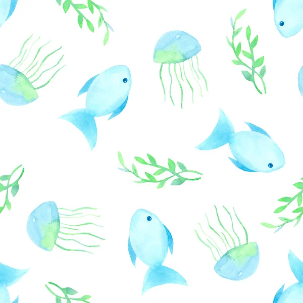 watercolor pattern of blue, green fish, jellyfish, stones, algae on a white background
