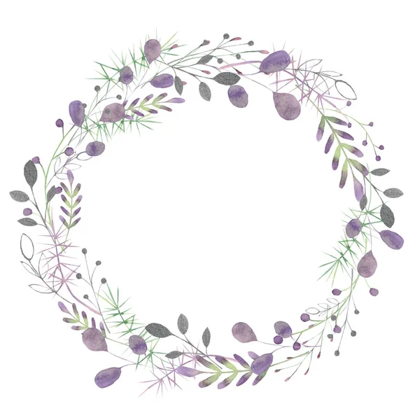 Aquarellrahmen Mit Silbernen Grünen Lila Violetten Blättern Und Zweigen Auf — Stockfoto