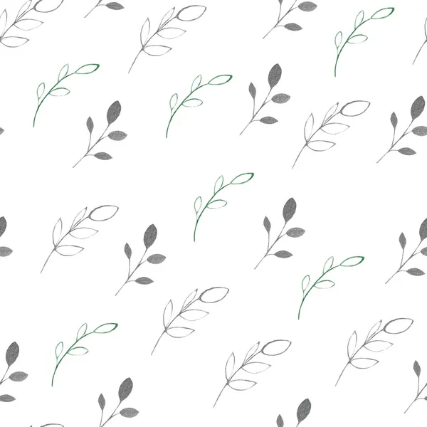 Ακουαρέλα Μοτίβο Ασημί Πράσινο Μωβ Βιολετί Φύλλα Και Κλαδιά Λευκό — Φωτογραφία Αρχείου
