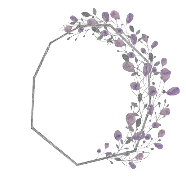 Cadre Aquarelle Avec Feuilles Branches Argentées Vertes Violettes Violettes Sur — Photo