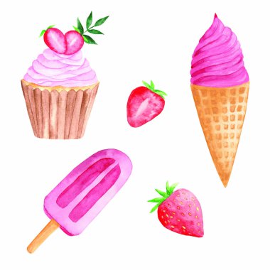 pinkice krem, karpuz, meyveli kek, meyve buz ve çilek ile ayarla suluboya