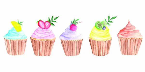 Aquarela Rosa Amarelo Azul Cupcakes Roxos Com Frutas Quivi Cereja — Fotografia de Stock