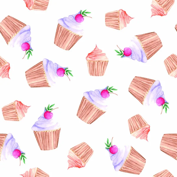 Aquarellmuster Mit Rosa Lila Gelben Cupcakes Mit Früchten Kiwi Kirsche — Stockfoto