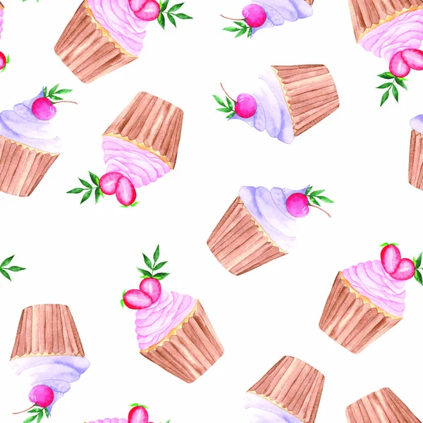 Akvarel Cirkel Med Pink Lilla Gule Cupcakes Med Frugt Kiwi - Stock-foto