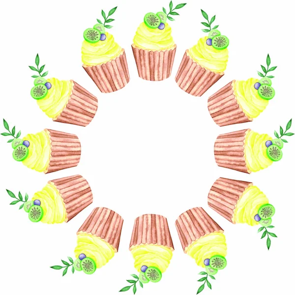 Watercolor Frame Yellow Cupcakes Fruit Kiwiwatercolor Frame Yellow Cupcakes Fruit — Stock Photo, Image