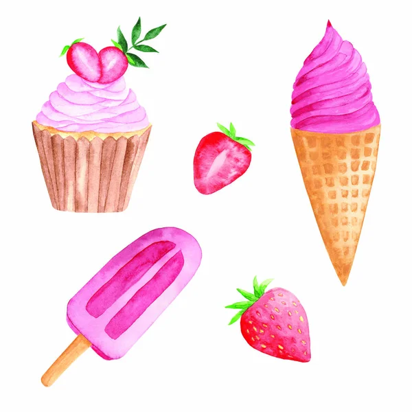 Aquarell Set Mit Pinkeis Wassermelone Obstkuchen Fruchteis Und Erdbeere — Stockfoto