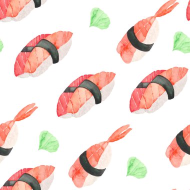 Japon yemekleri (suşi), gunkanas, wasabi ve suşi yemek çubukları ile suluboya desen