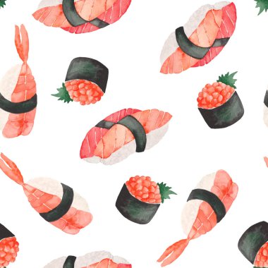 Japon yemekleri (suşi), gunkanas, wasabi ve suşi yemek çubukları ile suluboya desen