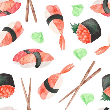 Japon yemekleri (suşi), gunkanas, wasabi ve suşi yemek çubukları ile suluboya desen