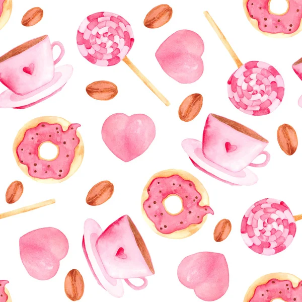 Aquarellmuster Mit Rosa Süßigkeiten Eis Fruchteis Donuts Schmetterlinge Süßigkeiten Kaffee — Stockfoto
