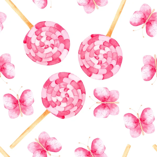 Akvarel Mønster Med Pink Slik Frugt Donuts Sommerfugle Slik Kaffe - Stock-foto