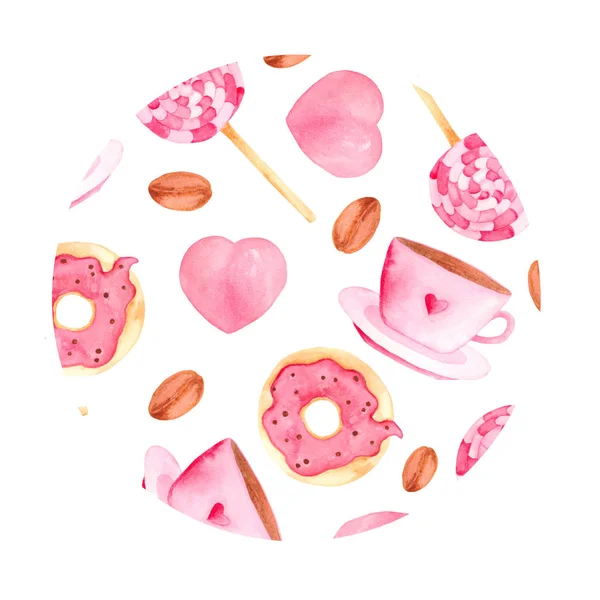 Conjunto Aquarela Com Doces Rosa Sorvete Gelo Frutas Rosquinhas Borboletas — Fotografia de Stock