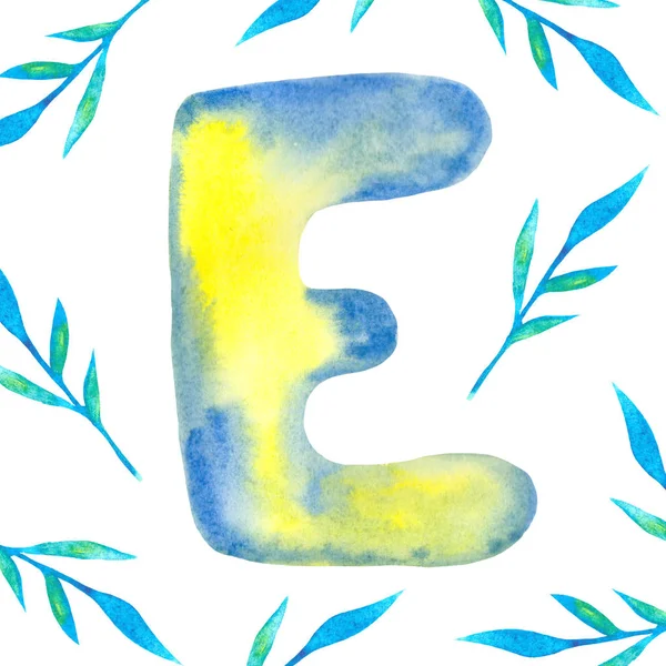 watercolor letter with leaves or dinosaurs on a white background