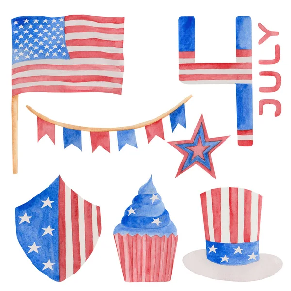 Hand painted watercolor illustration 4th of july independence day holiday celebration set of objects  hat, star, flags, shield, festoon, cupcake, number four nd garland with American flag USA