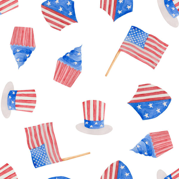 Hand painted watercolor pattern 4th of july independence day holiday celebration set of objects  hat, star, flags, shield, festoon, cupcake, number four nd garland with American flag USA