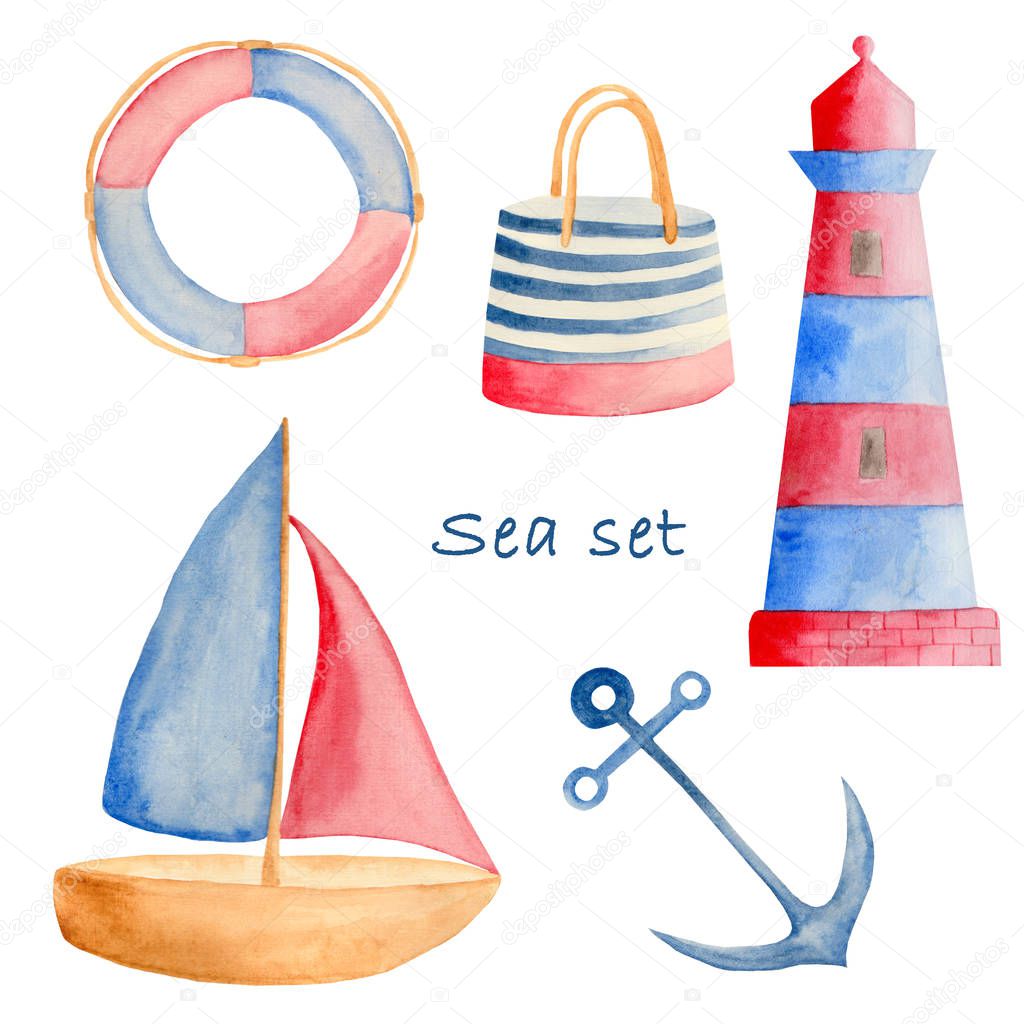 Watercolor set with sea red-blue elements. Boat, lighthouse, anchor, bag, lifebuoy.