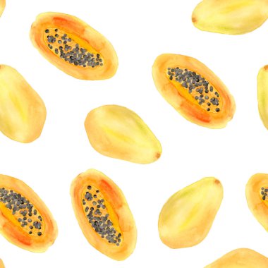 Papaya, papaya parça, papaya yaprakları ile suluboya deseni