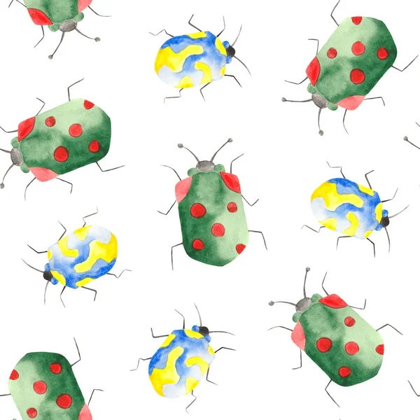 Акварельний Візерунок Комах Сонечок Клопів Жуків Листям Білому Тлі — стокове фото