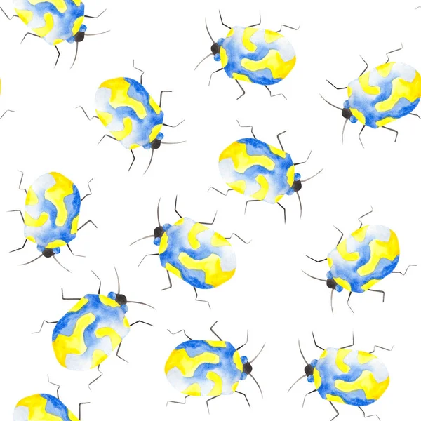 Aquarellmuster Von Insekten Marienkäfern Wanzen Käfern Mit Blättern Auf Weißem — Stockfoto