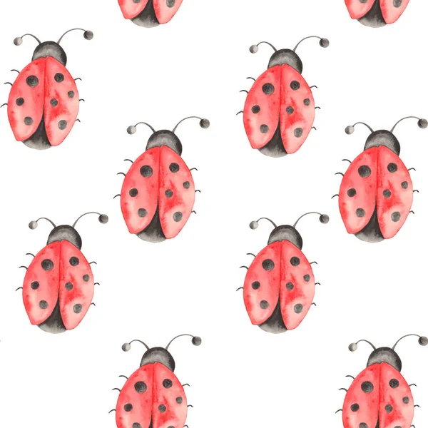 Watercolor Pattern Insects Ladybugs Bedbugs Beetles Leaves White Background — Stock Photo, Image