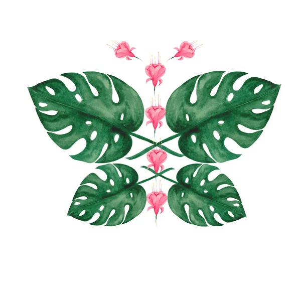 수채화 몬스타 나뭇잎과 야자수 분홍색 프레임 — 스톡 사진