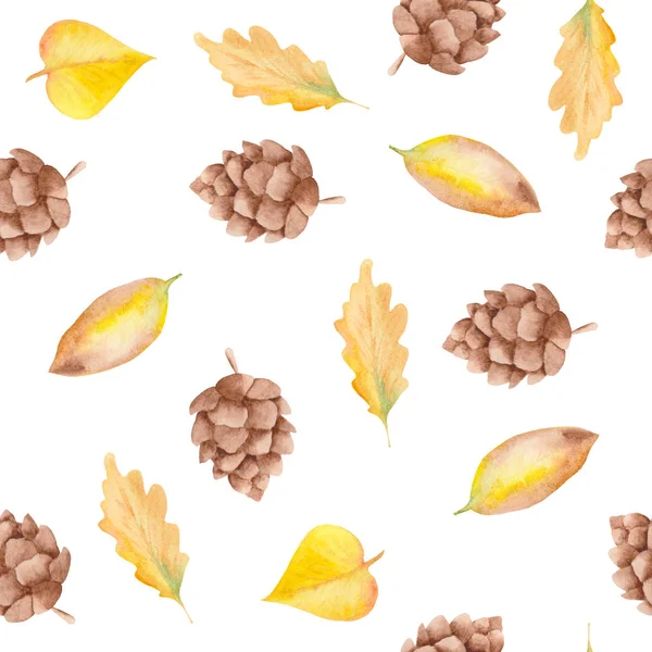 Aquarell Herbstmuster Von Pilzen Blättern Und Zapfen Auf Weißem Hintergrund — Stockfoto