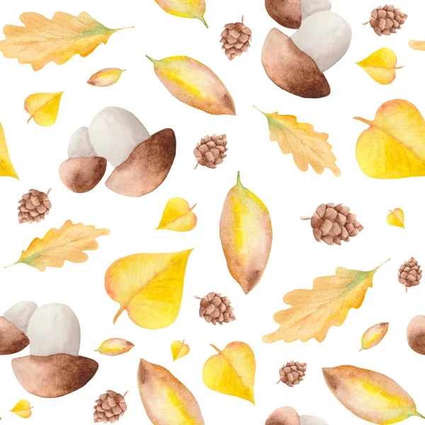 Aquarell Herbstmuster Von Pilzen Blättern Und Zapfen Auf Weißem Hintergrund — Stockfoto