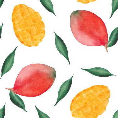 mango ile suluboya deseni, mango dilimleri ve beyaz bir arka plan üzerinde yaprakları