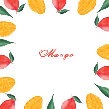 mango, mango dilimleri ve yaprakları ile suluboya seti