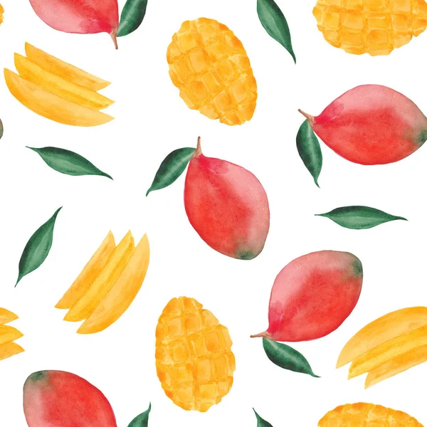 watercolor pattern with mango, mango slices and leaves on a white background