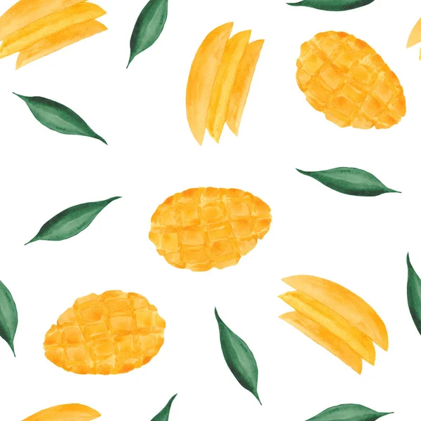 watercolor pattern with mango, mango slices and leaves on a white background