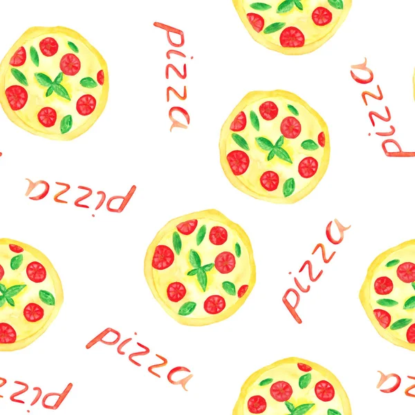 Акварельний Візерунок Піцою Шматочками Піци Напис Піци Білому Тлі — стокове фото