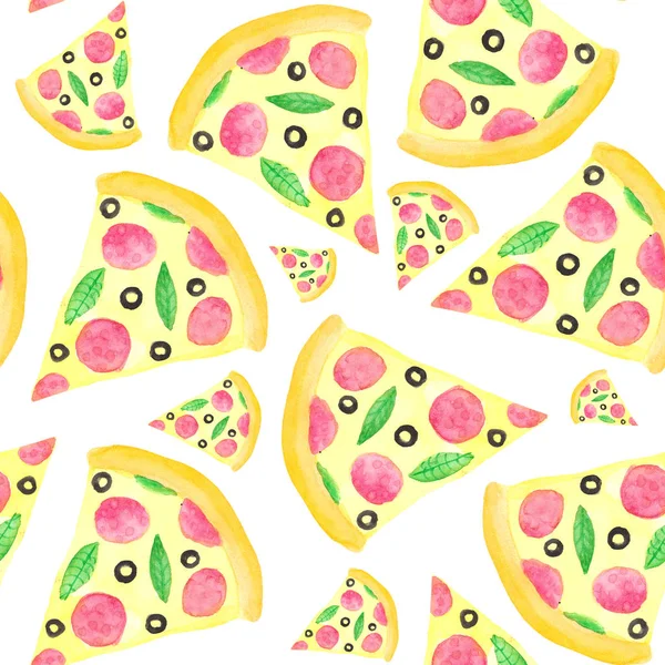 Акварельний Візерунок Піцою Шматочками Піци Напис Піци Білому Тлі — стокове фото