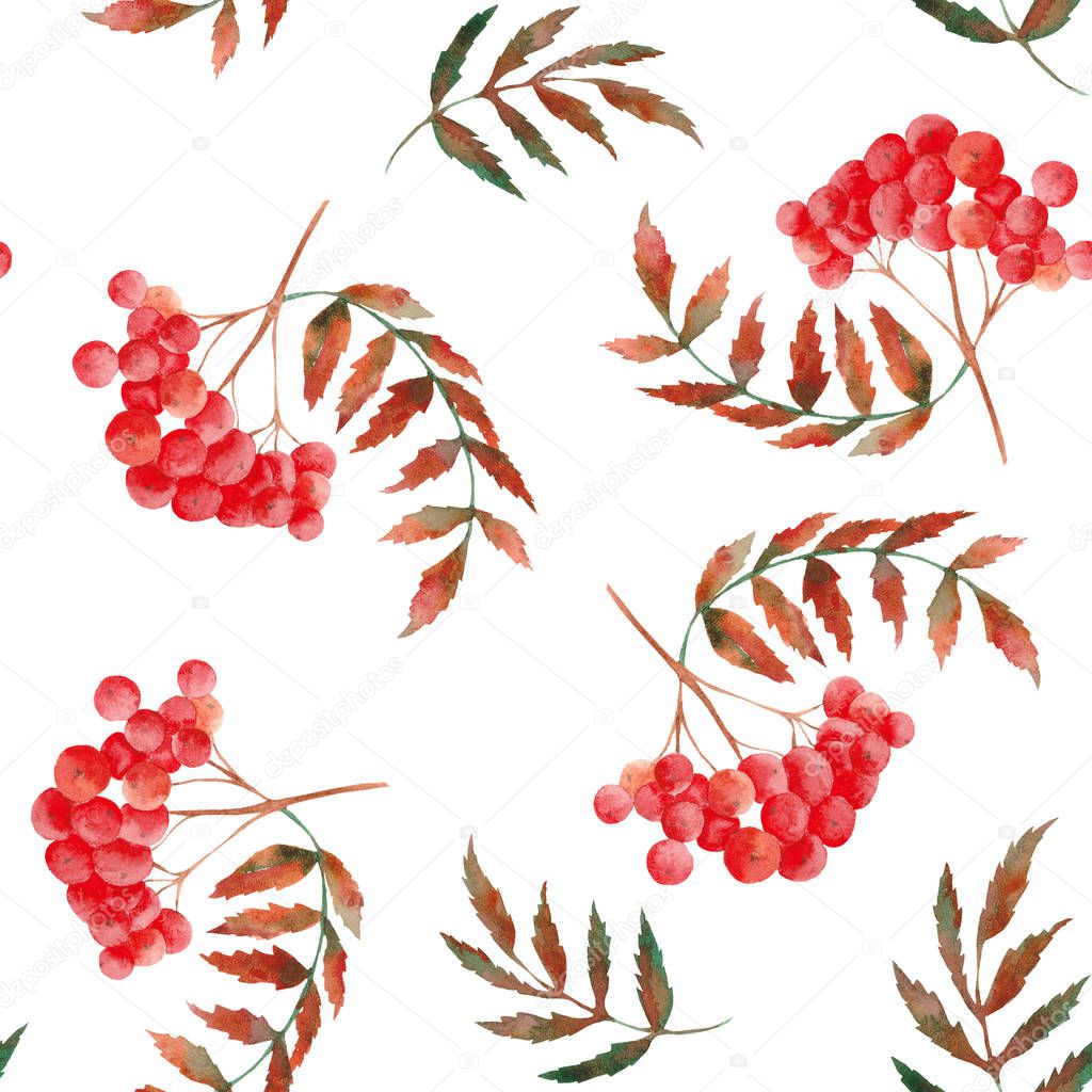 Watercolor autumn pattern with rowan, leaves, mushrooms, apples, cones, flowers and berries