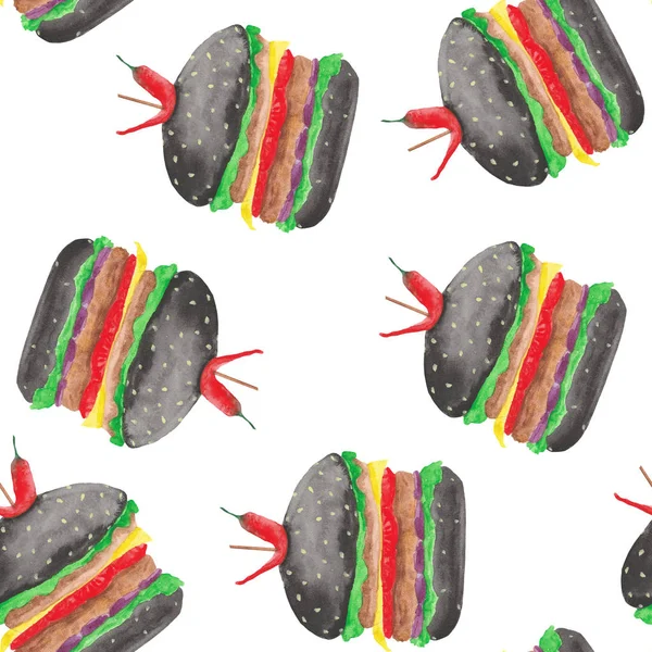 Акварельний Візерунок Гамбургерами Чізборгерами Білому Тлі — стокове фото
