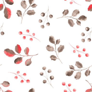 Mercan grisi yaprakları ve dalları nın suluboya deseni. Kartlar ve davetiyeler için idealdir.