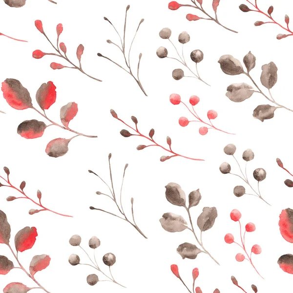 Watercolor Pattern Coral Gray Leaves Branches Ideal Cards Invitations — Stock Photo, Image