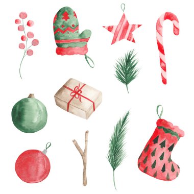 Suluboya Noel bir Noel ağacı, topları, tatlılar, eldiven ve hediyeler için bir çorap dalları ile ayarlayın.