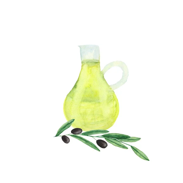 Akvarell Készlet Olajbogyó Olíva Ágak Egy Üveg Olívaolajat — Stock Fotó