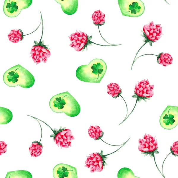 Watercolor pattern with clover, horseshoe and clover flowers. Perfect for postcards for St. Patrick\'s Day