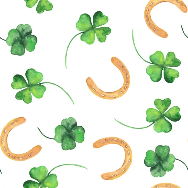 Watercolor pattern with clover, horseshoe and clover flowers. Perfect for postcards for St. Patrick\'s Day