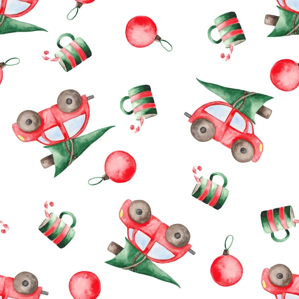Motif Noël Aquarelle Avec Voiture Rouge Arbres Jouets Bonbons — Photo