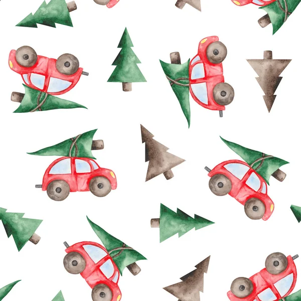 Motif Noël Aquarelle Avec Voiture Rouge Arbres Jouets Bonbons — Photo