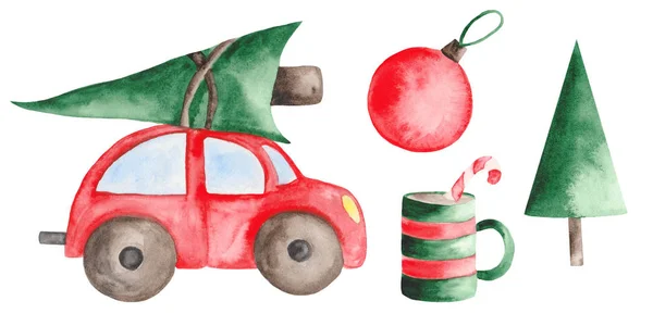 水彩圣诞套装与红色汽车 球和糖果 — 图库照片