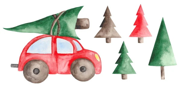 Watercolor Christmas Set Red Car Fir Trees Balls Sweets — Stock Photo, Image