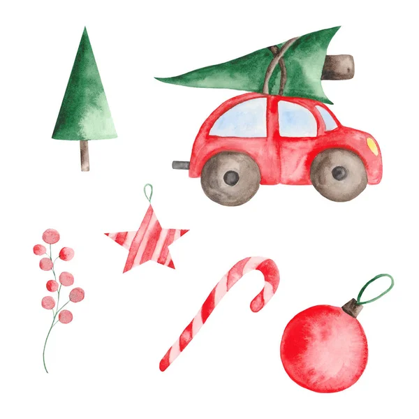 Aquarel Kerst Set Met Rode Auto Fir Bomen Ballen Snoep Rechtenvrije Stockafbeeldingen