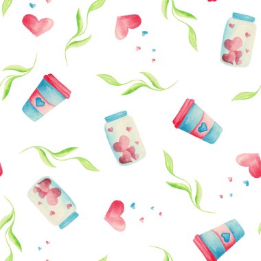  Pembe ve mavi kalpli suluboya deseni, kilit, anahtar, kek, yaprak, bir bardak kahve, bir kavanoz. Baskılar ve kartpostallar için idealdir.