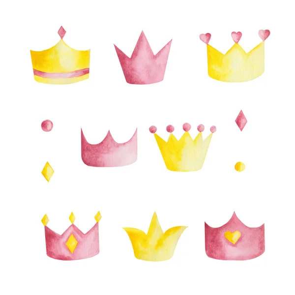 Watercolor Set Pink Yellow Crowns White Background Ideal Cards Invitations — Stock Photo, Image