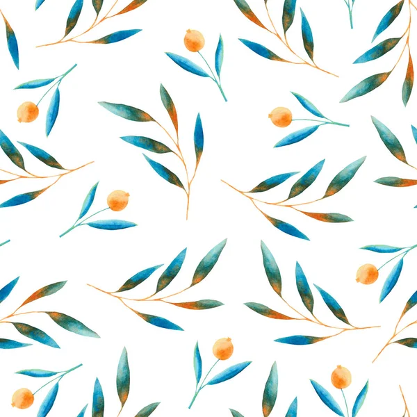 Herfst Aquarel Patroon Met Blauwe Oranje Bladeren Paddestoelen Bessen Frames Stockafbeelding